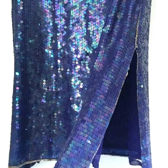 Vintage Royal Blue Sequin Beaded Dress Lined Shoulder Pads Mesh Pink Gold Gatsby - Picture 13 of 13